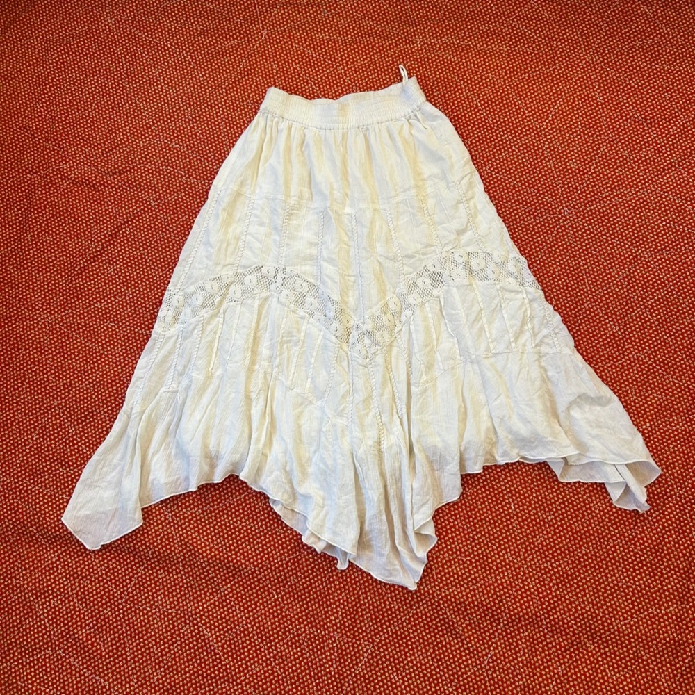 Styleworks Womens White Cotton Crochet Lace Inset Handkerchief Hem Midi Skirt M